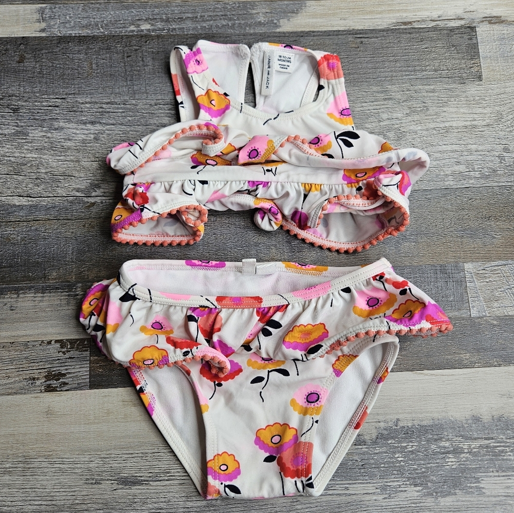 Janie And Jack Two Piece Swimsuit 18-24 Months White Pink Florals Ruffles